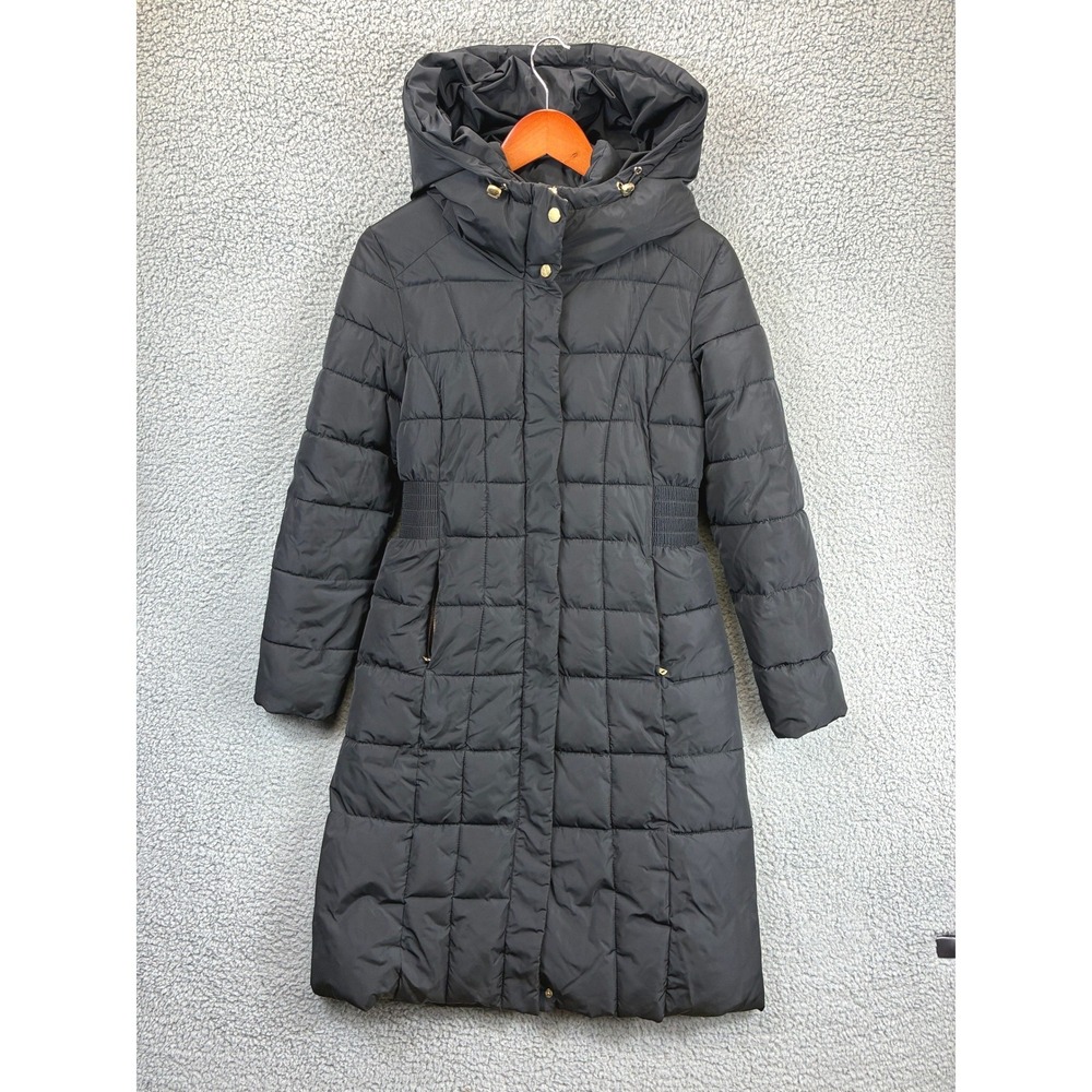 Cole Haan Signature Quilted Puffer Coat Womens S Black Hooded Long Parka Winter